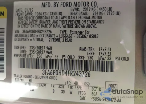 2015 Ford Fusion Se z USA, uszkodzony, nr VIN 3FA6P0HD4FR243726